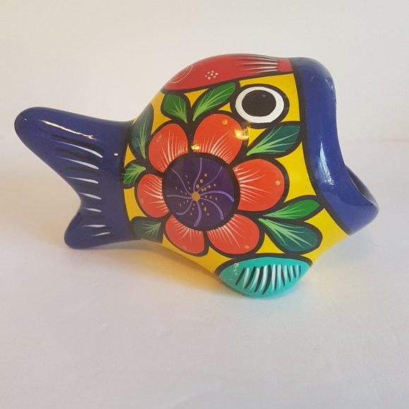 Vintage Mexican Folk Art Ceramic Big Mouth Fish Sponge Holder Hand painted Blue - Picture 2 of 16